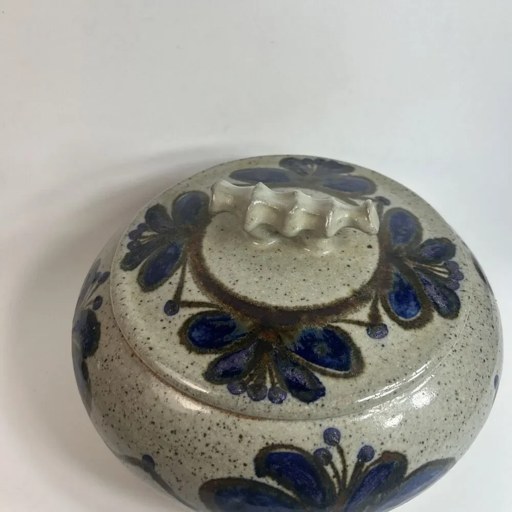 Vintage Studio Art Pottery Stoneware w Lid Blue Purple Speckled Brown Signed 9”
